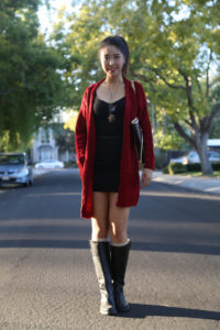 ally gong choies outfit fall ootd style fashion red long asian boots high  ponytail - Ally Gong